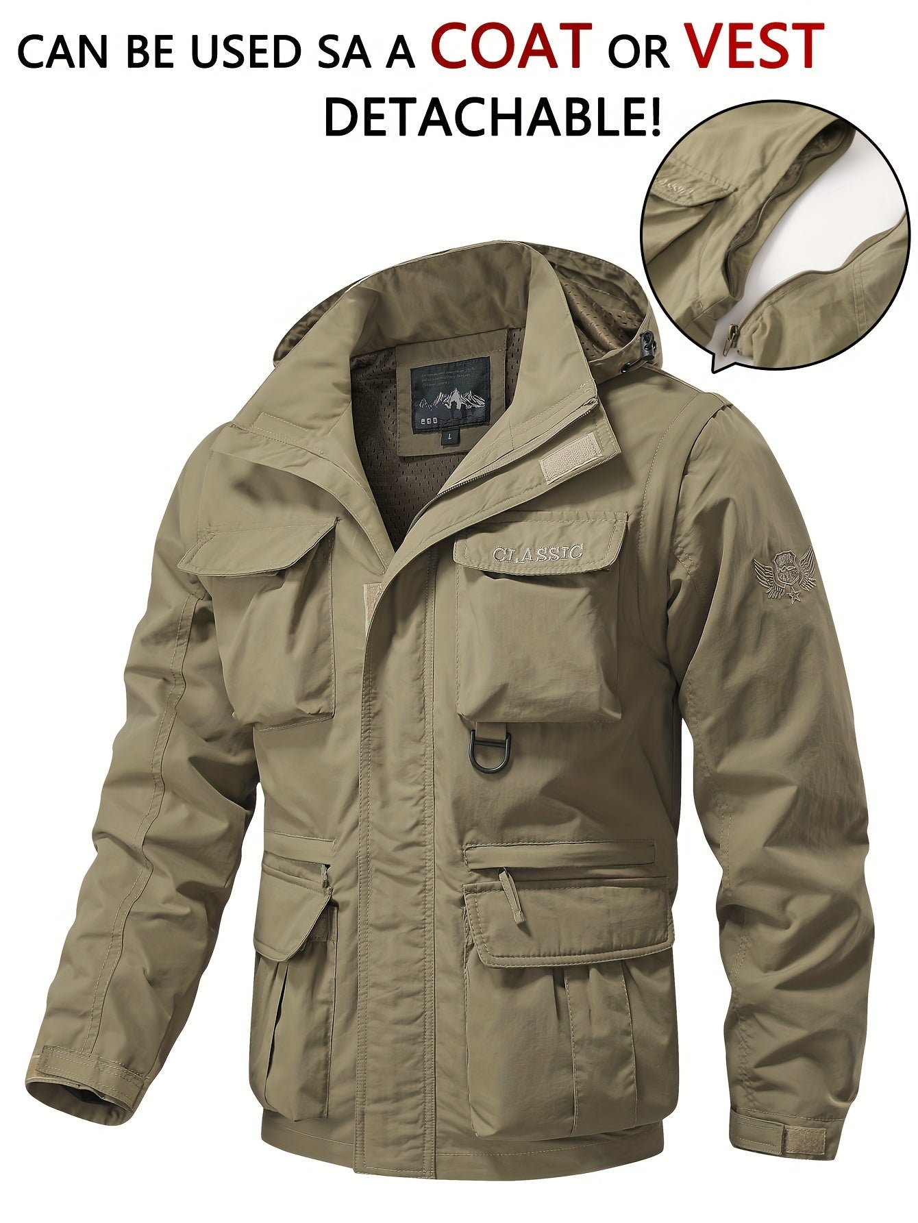 Men's Hooded Windbreaker Jacket with Detachable Hood and Multi Pocket Cargo Vest for Outdoor Activities