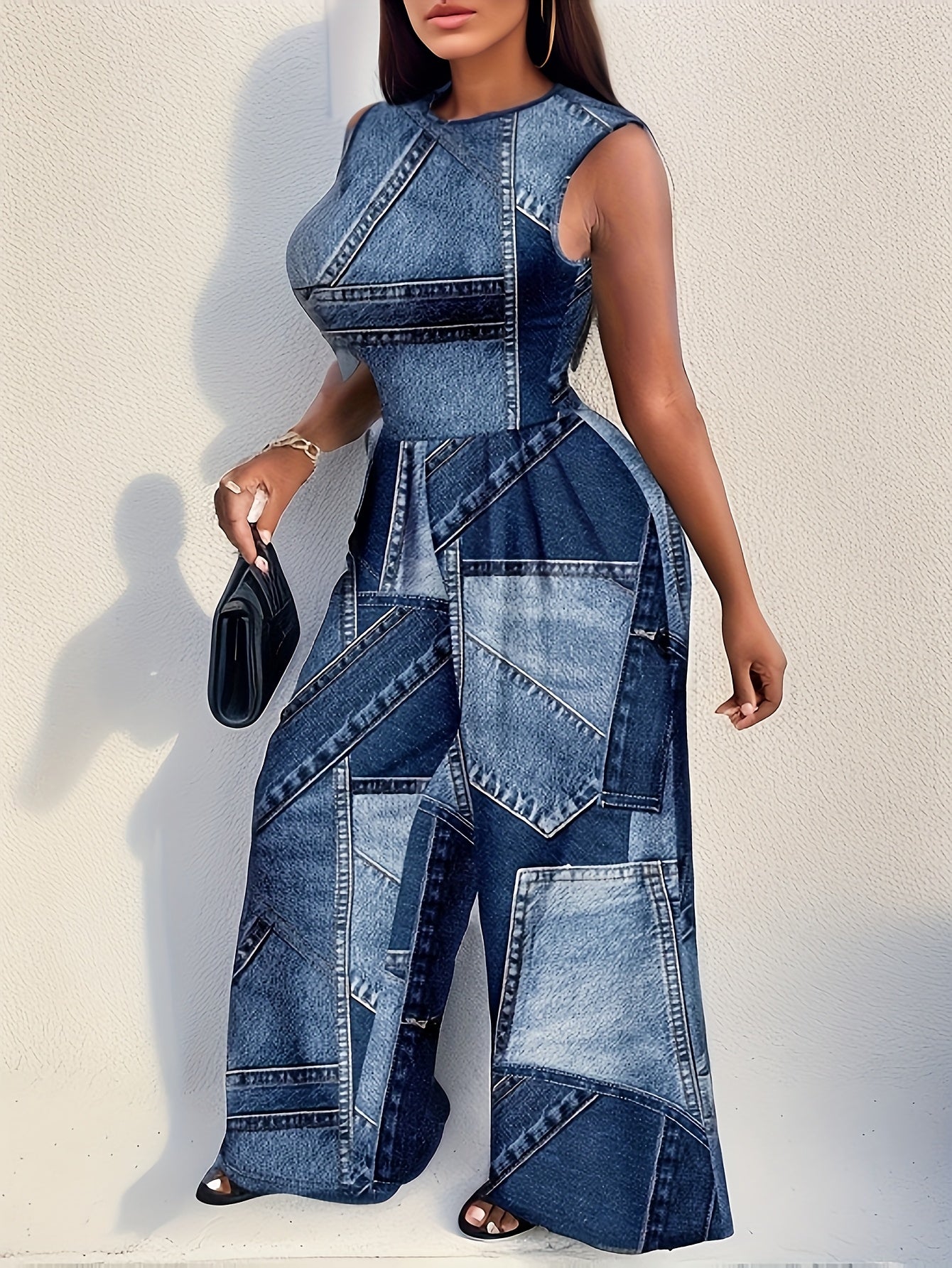 Mono sin mangas de talla grande para mujer con estampado de denim falso, estilo elegante