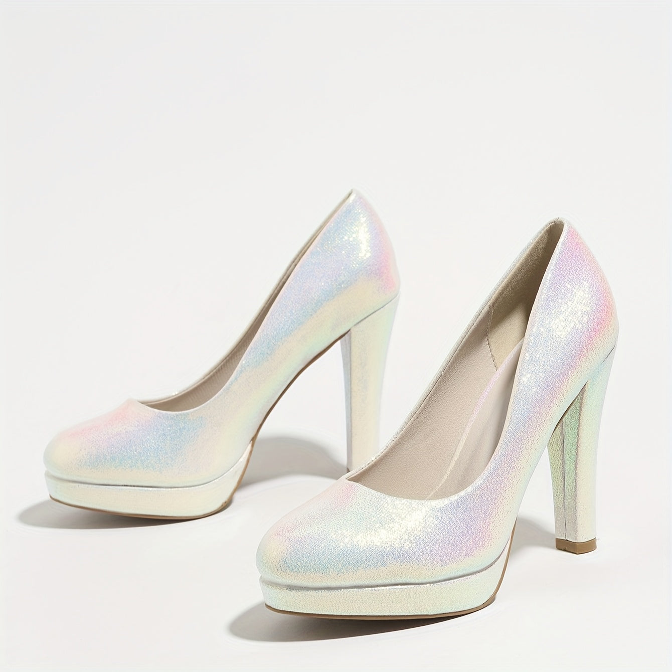 Women's Sparkly High Heels Thick Sole Round Toe All-Season Chunky Pumps