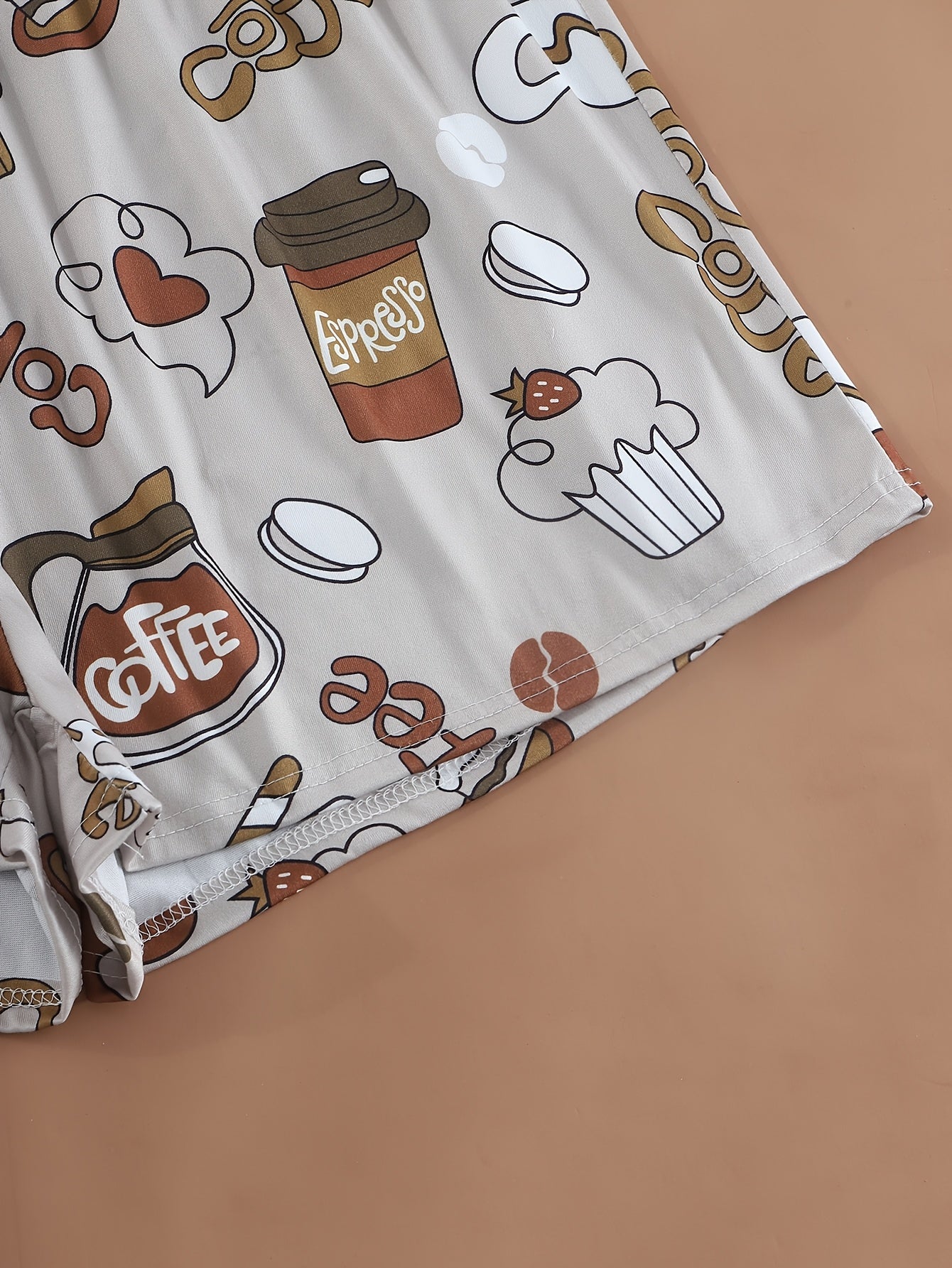 Plus Size Women’s Coffee Print Pajama Set Knit Polyester Elastane Sleepwear