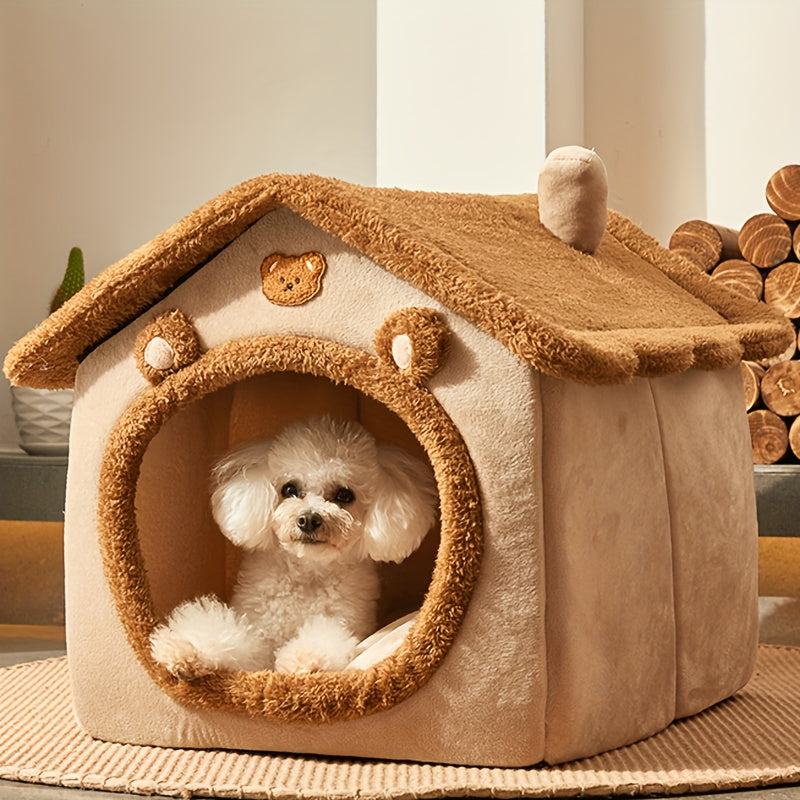 Cozy Plush Cat and Small Dog Bed with Bear Design Enclosed Cave Beige Brown