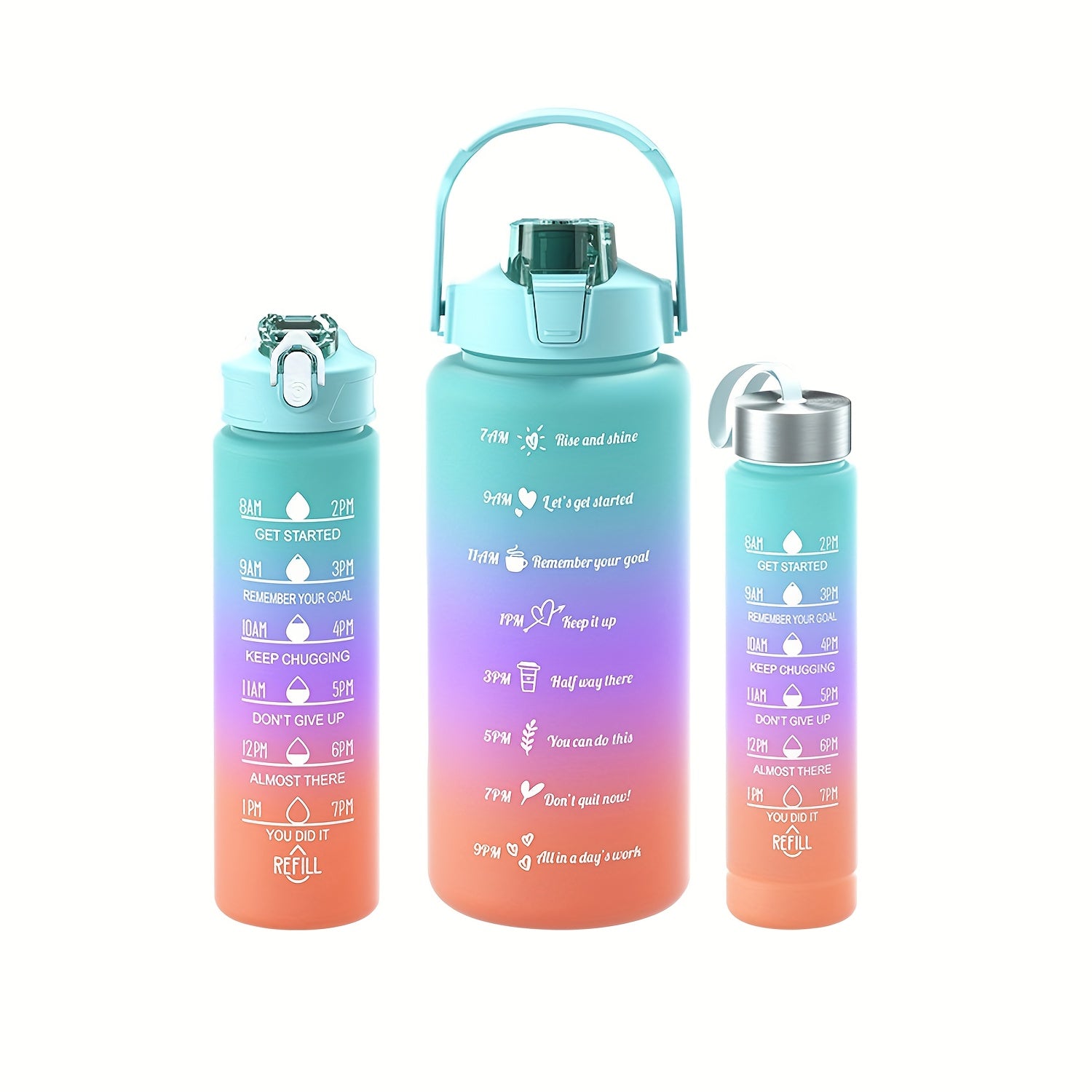 Set de botellas de agua con gradiente de 2L, libres de BPA, a prueba de fugas, con marcador de tiempo, pajilla, tapa con cierre para acampar y fitness
