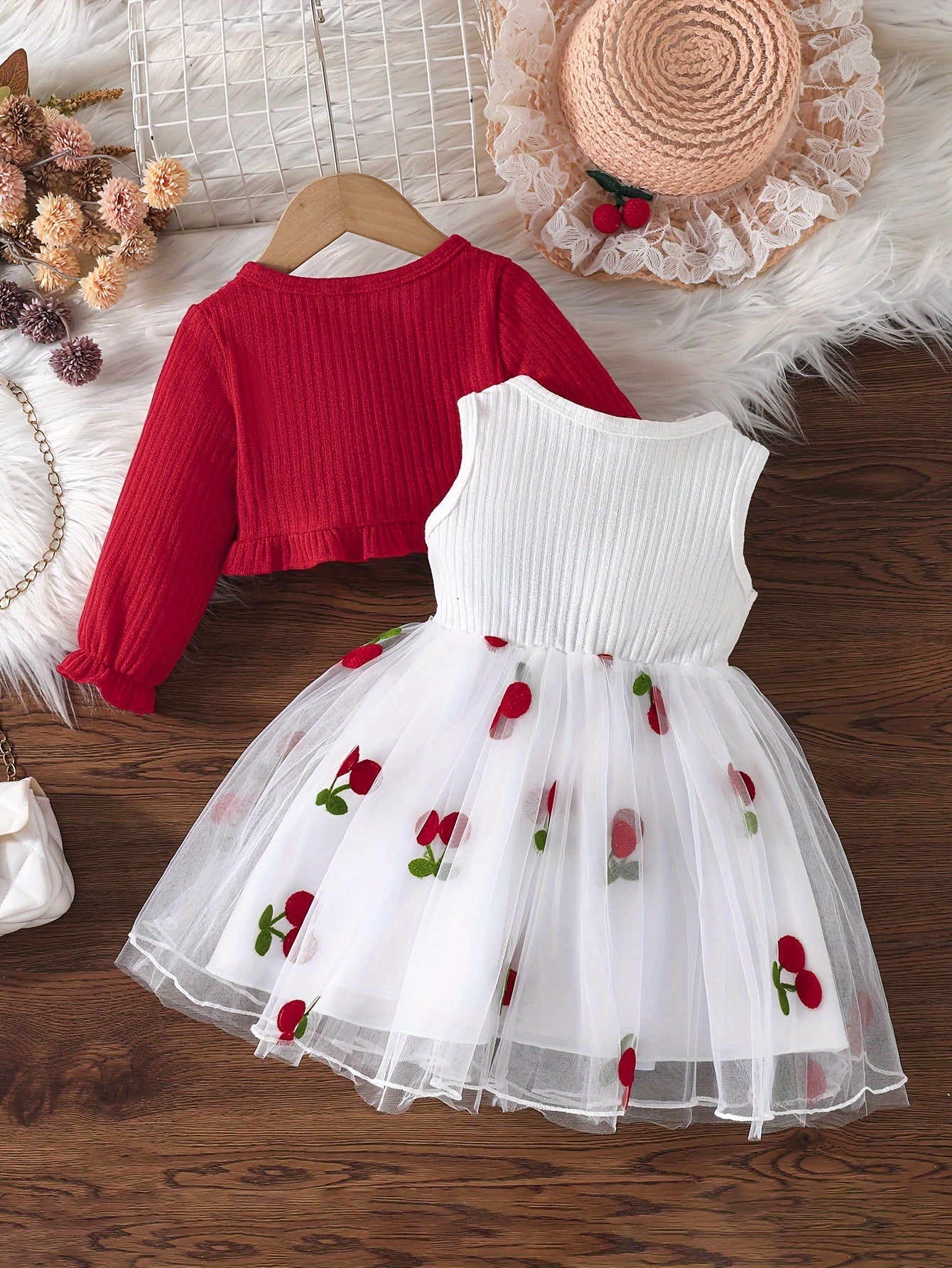 Girls' Dress Set with Ruffle Top and Cherry Embroidered Mesh Dress for Spring Fall