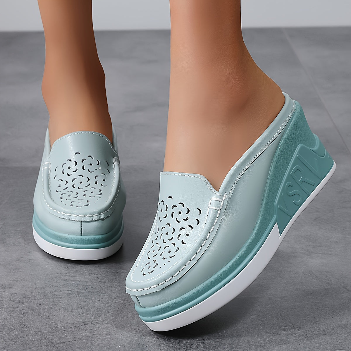 Women's Faux Leather Platform Sandals Slip-On Mules Hollow Out Casual Shoes