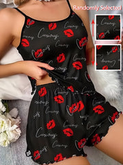 Women's Valentine's Day Pajama Set with Red Lip and Letter Print Crop Cami Top and Shorts