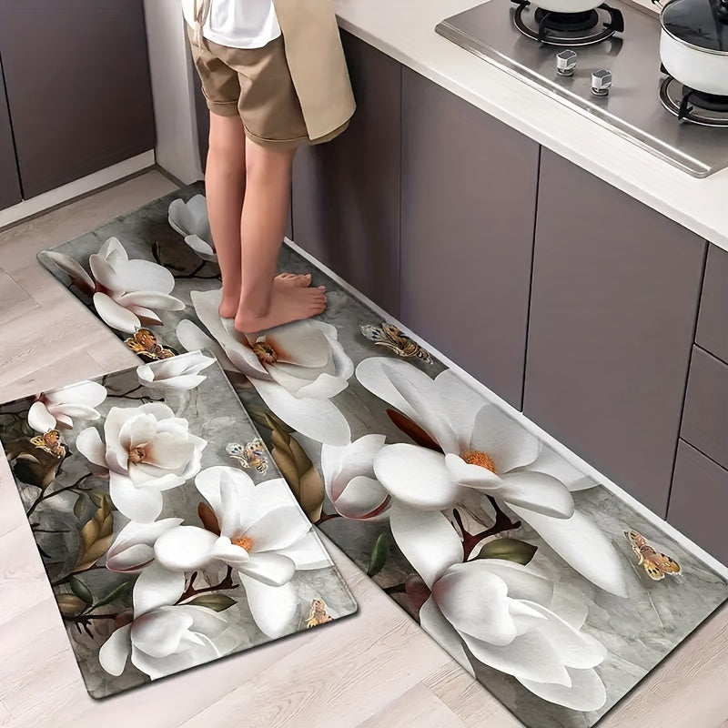 White Magnolia Floral Kitchen Mat 1cm Thick Non-Slip Rectangular Floor Carpet