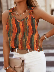 Женская топ с принтом по всему изделию, узлом и ремешком на заднике, с V-образным вырезом, из полиэстерового трикотажа