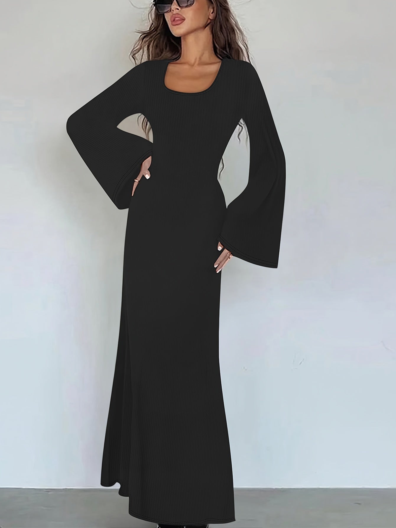 Повседневное платье с длинными рукавами и завязкой на талии для осени/зимы, стильный квадратный вырез, однотонное, можно стирать в машине.