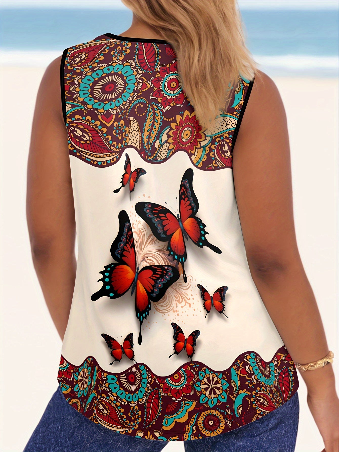 Women's Plus Size Butterfly Print Sleeveless Tank Top for Summer