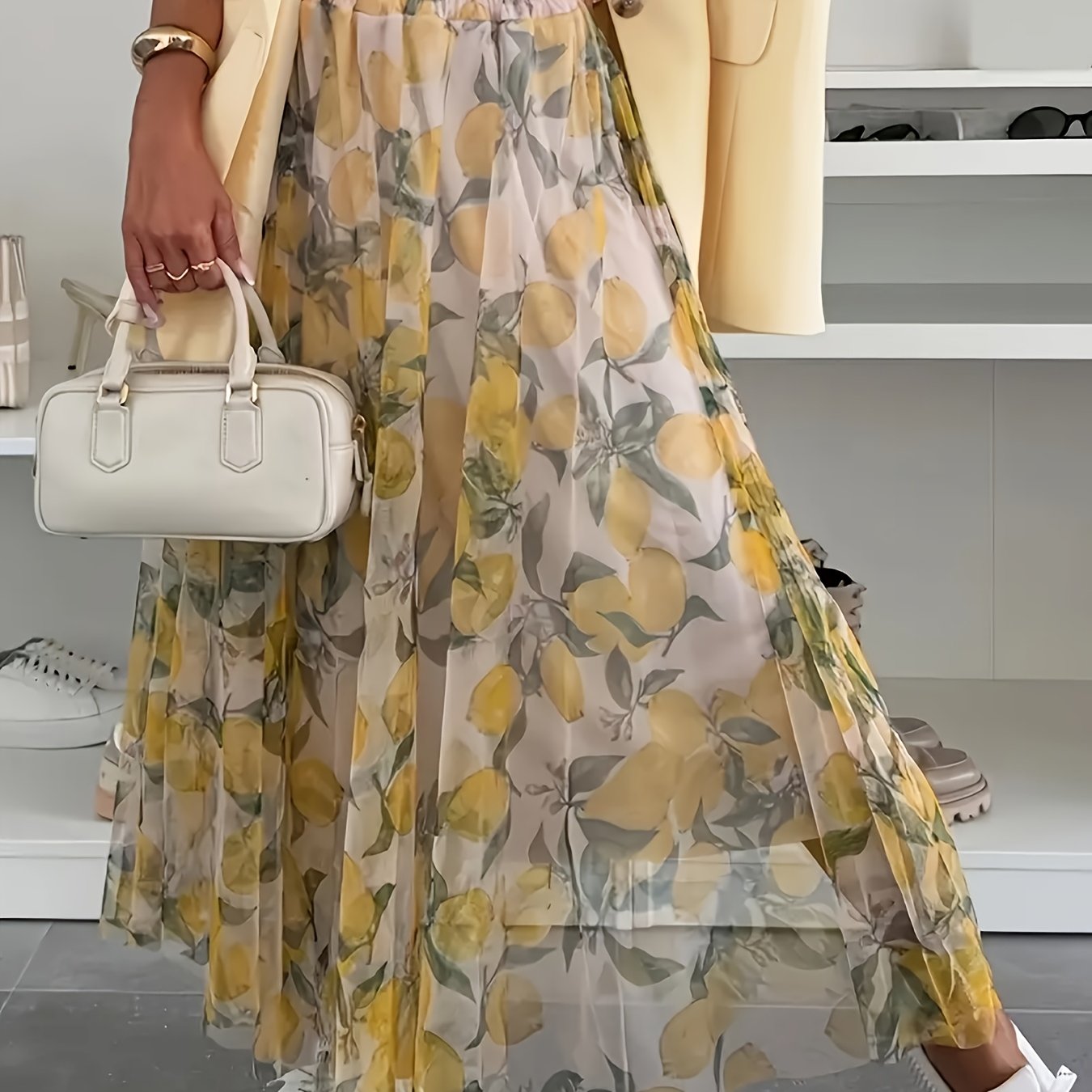 Falda midi de chiffon para mujer talla grande con estampado floral en amarillo y blanco, casual o semi-formal