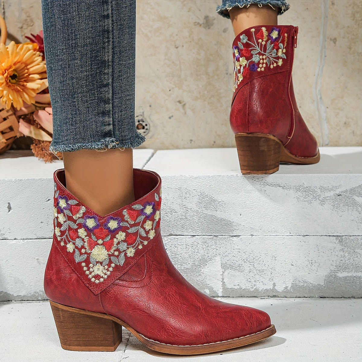 Women's Flower Pattern Chunky Heel Short Boots Leather Point Toe Ankle Zipper