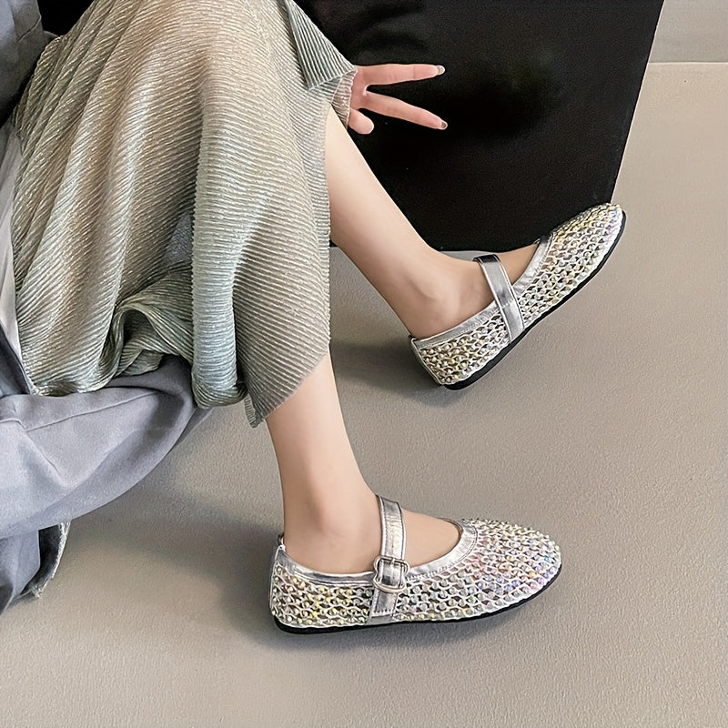 Women's Woven Lace Fishnet Flat Mary Jane Shoes with Rhinestones