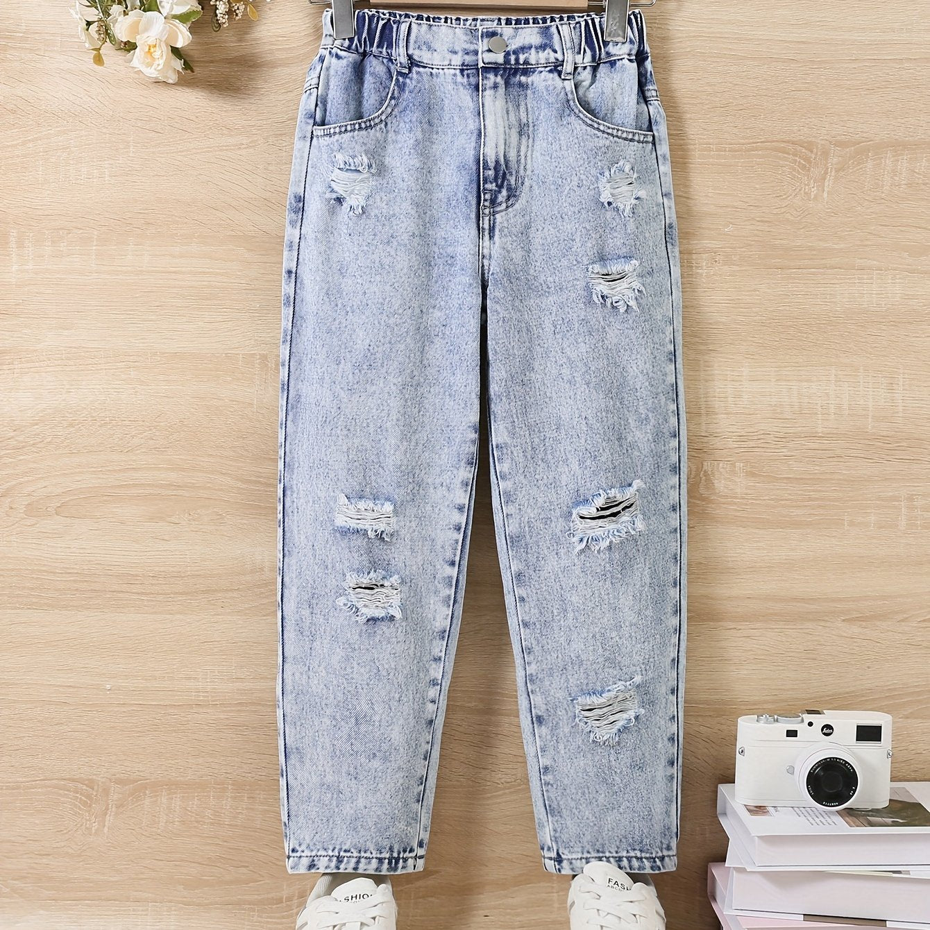 Girls' Denim Jeans Ripped Long Tapered Fit All-Season Casual