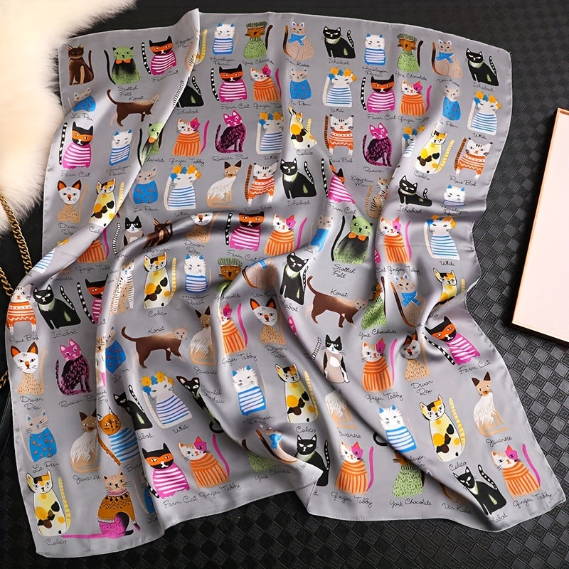 Women’s Polyester Square Scarf with Cartoon Cat Pattern Breathable Windproof Decorative