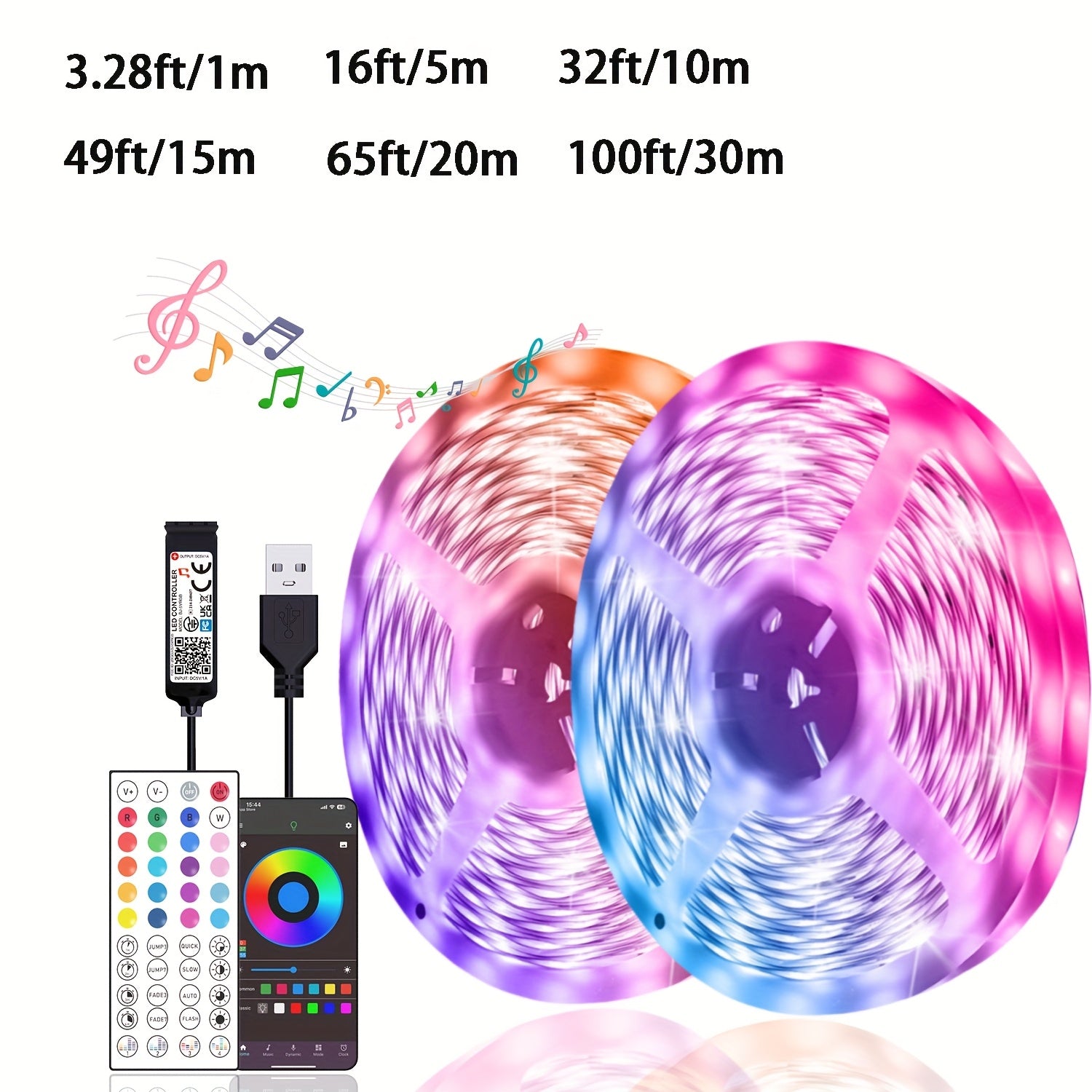Luces de tira LED alimentadas por USB 99.97-3048cm para uso en interiores, cambio de color, sincronización con música, control remoto