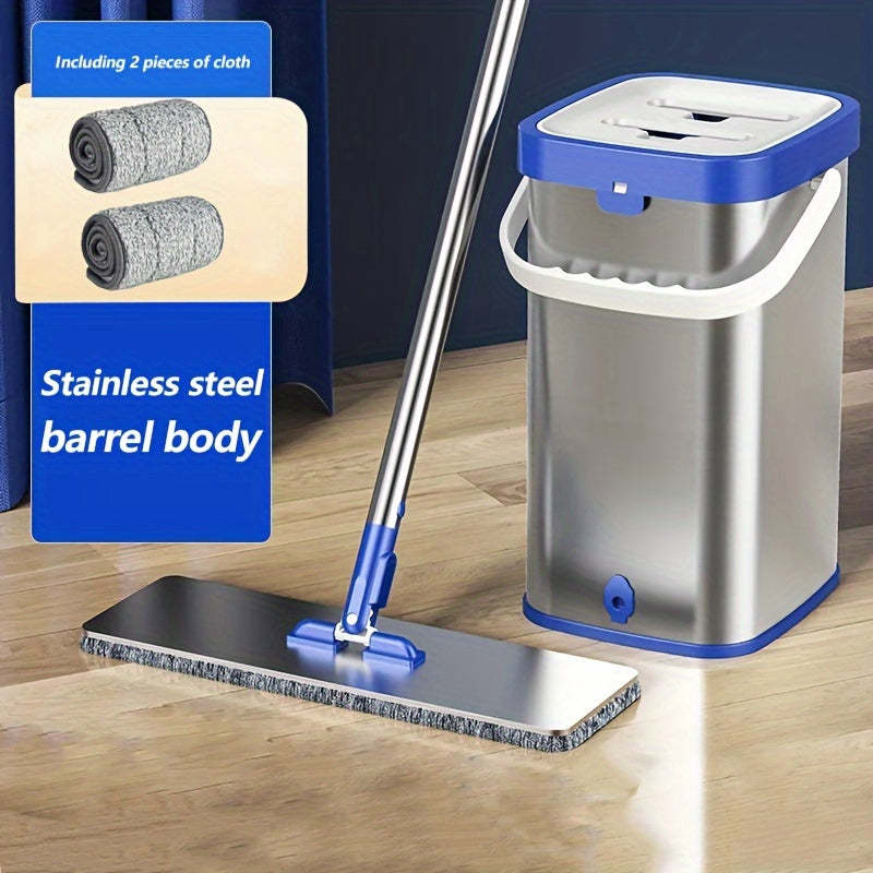Набор для уборки из нержавеющей стали с ведром - включает в себя швабру с плоской насадкой для мытья без рук, швабру для удаления пыли, влажную и сухую уборку для плитки, мрамора и деревянных полов - полный комплект средств и инструментов для уборки