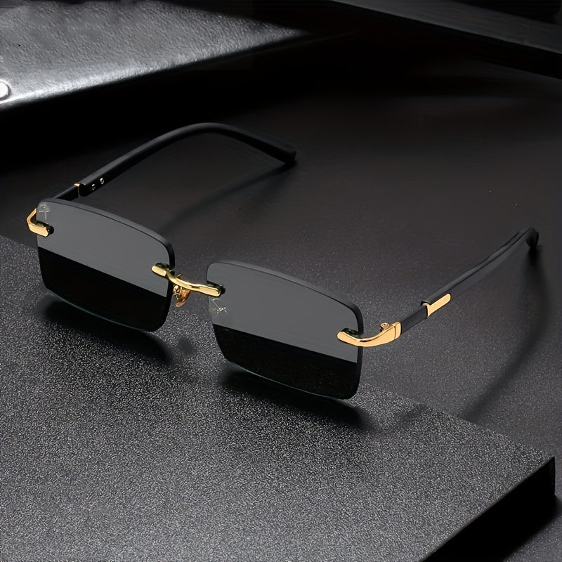 Square Rimless Vintage Sunglasses with Gold Frame and Black Lenses for Hip Hop Style