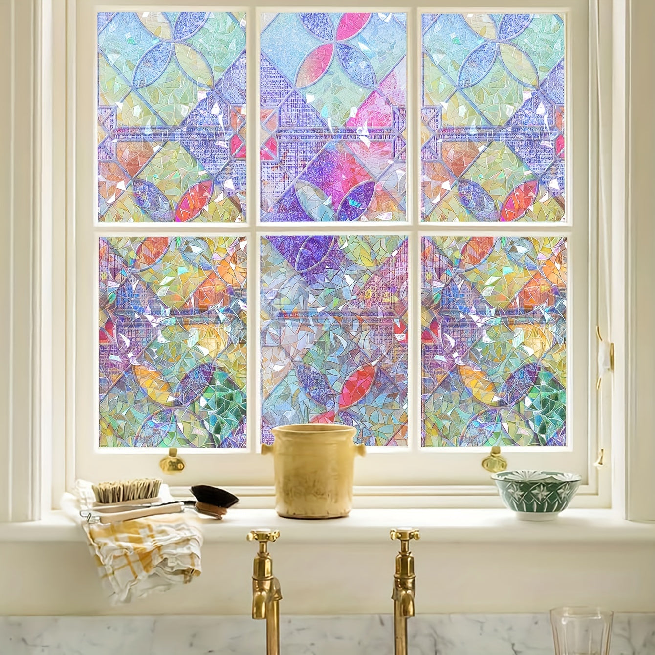 Frosted Privacy Window Film with Crescent & Diamond Pattern, Heat Control, No-Glue, Semi-Transparent, 9mil PVC