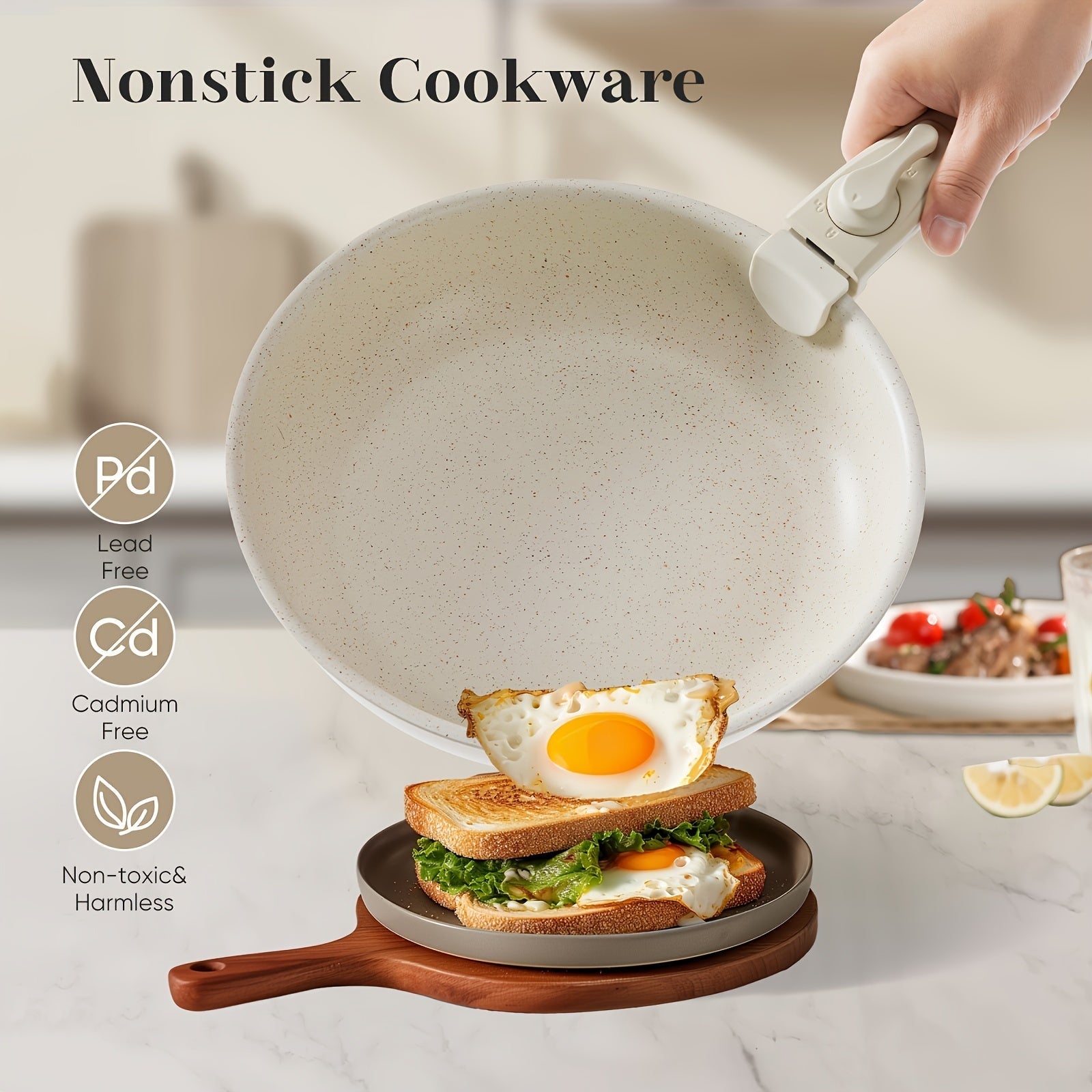 12-Piece Non-Stick Cookware Set with Removable Handles, Cream, Dishwasher Safe