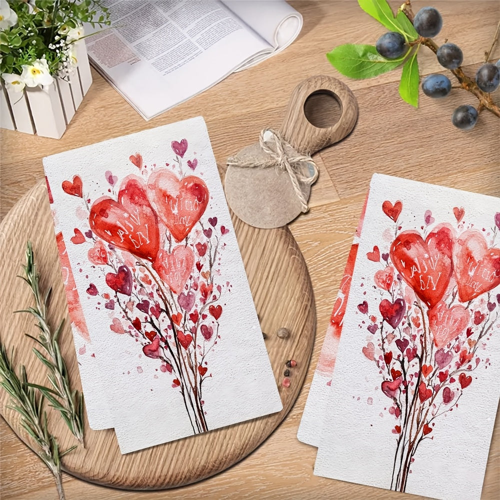 Set of 2 Valentine's Day Kitchen Towels Heart and Tulip Designs Super Absorbent 16x24 Inches