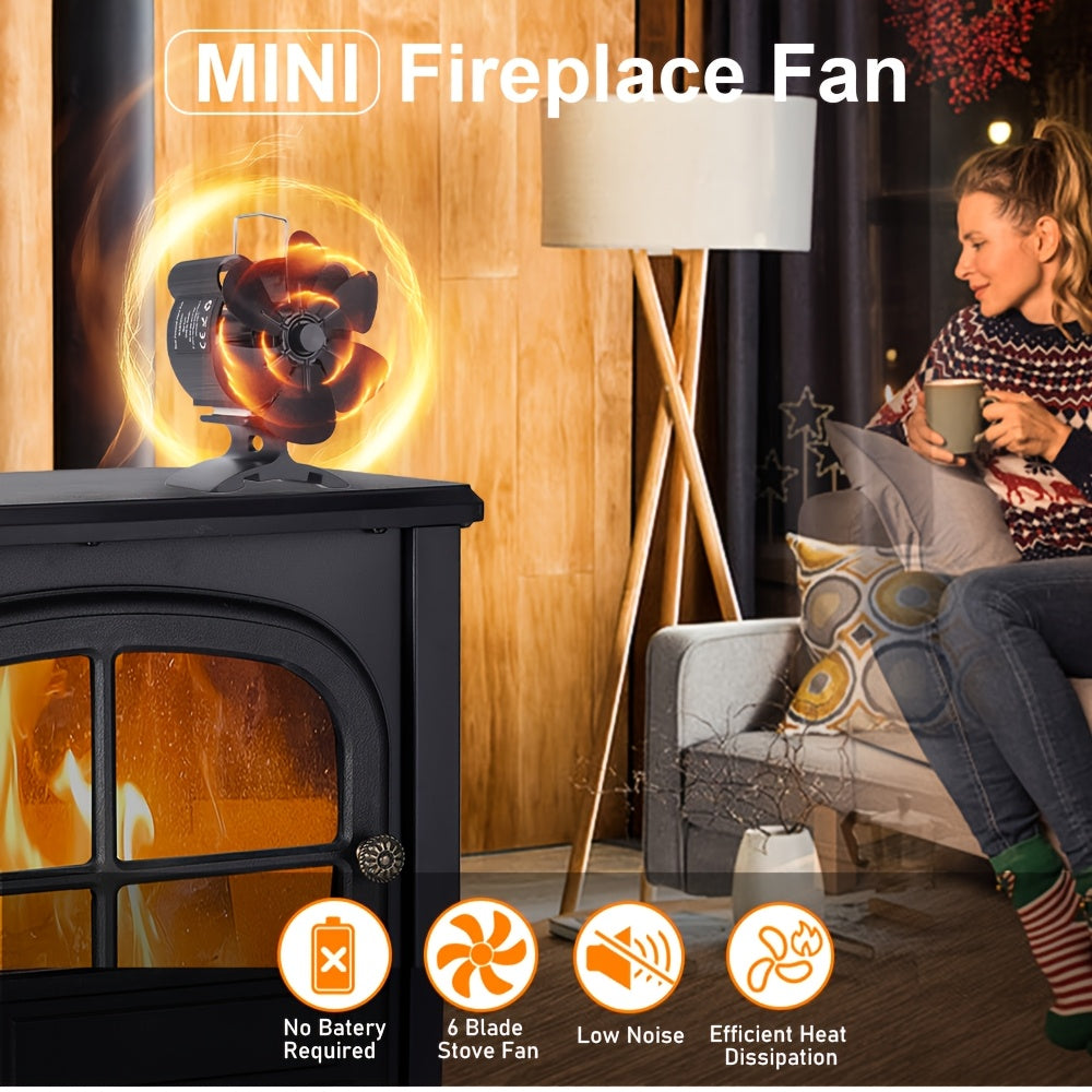 Portativ 6-pichoqli mini pechka ventilyatori, elektr energiyasi talab qilinmaydi, yog'och logi pechka va ekologik isitkich uchun issiqlik bilan ishlaydigan metall chiqish ventilyatori, uyingiz uchun samarali issiqlik taqsimoti