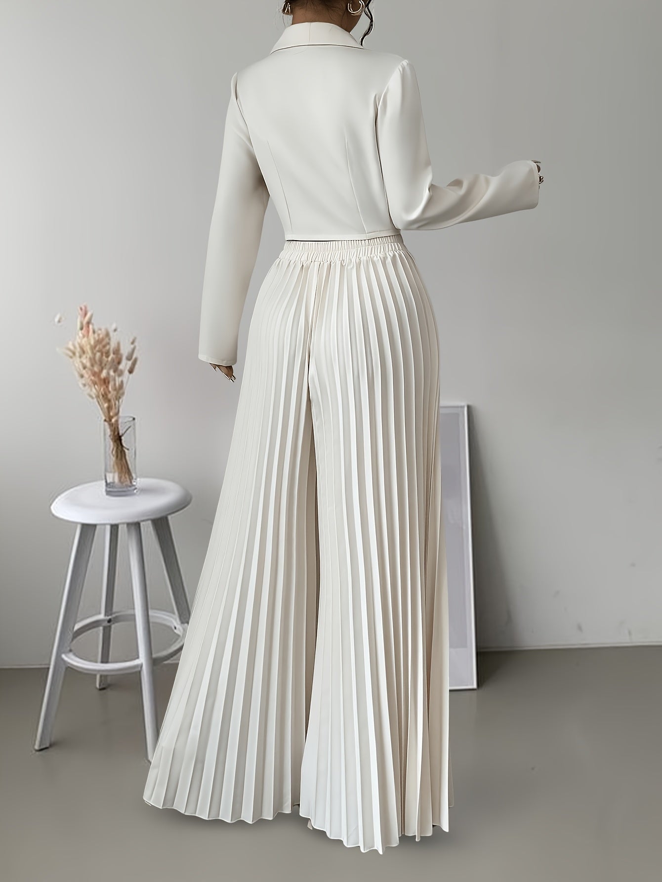 Conjunto de traje para mujer Blazer de doble botonadura y pantalones plisados poliéster sólido primavera otoño