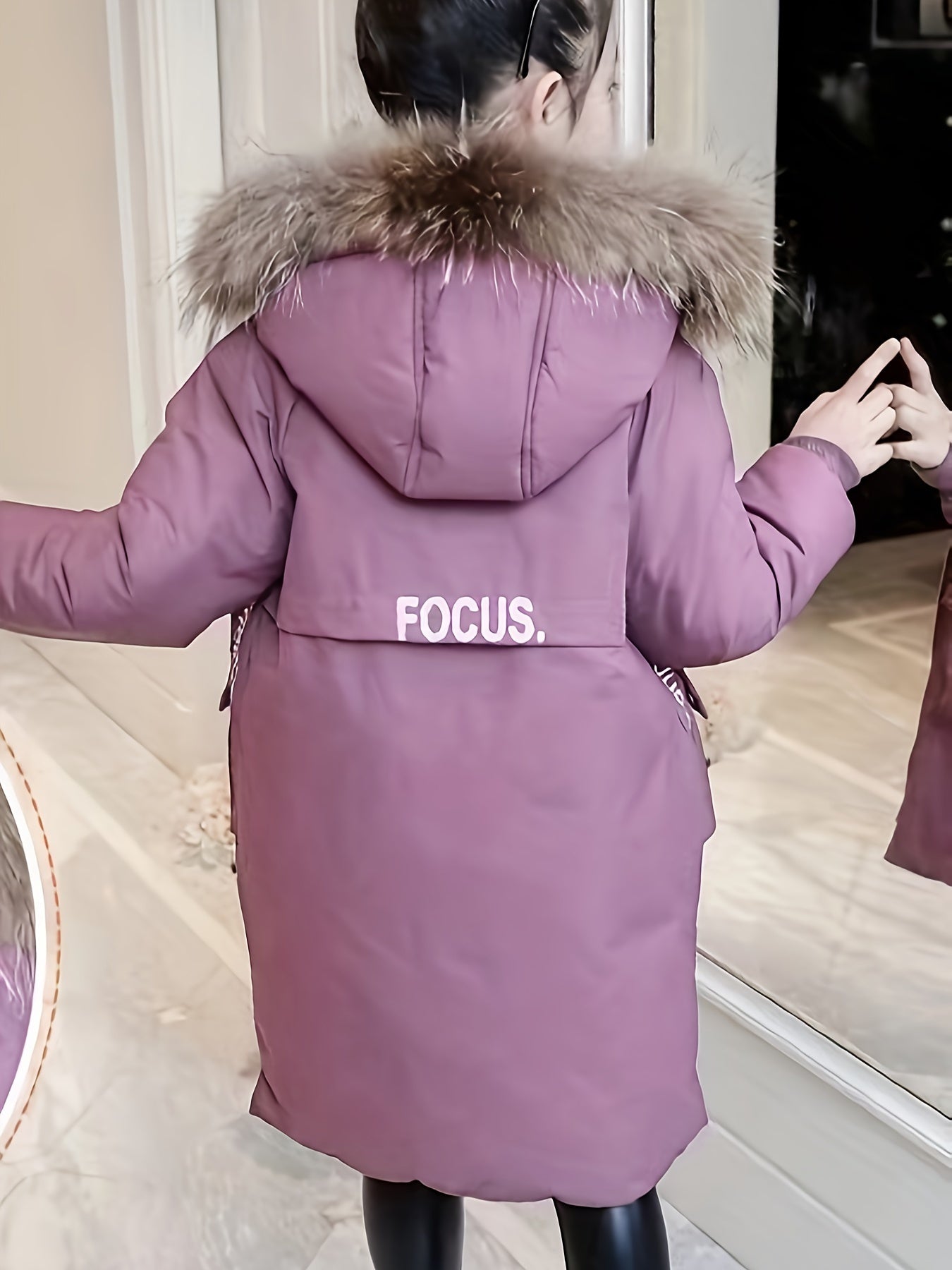 Girls' Winter Coat with Faux Fur Trim and Alphabet Pattern, Hooded, Zipper Placket