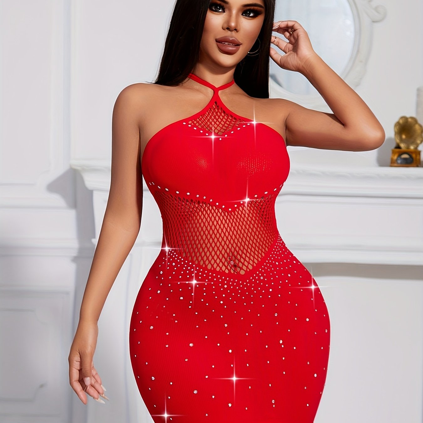 Women's Polyamide Stretch Fabric Halter Neck Bodycon Dress with Hollow Mesh Detail