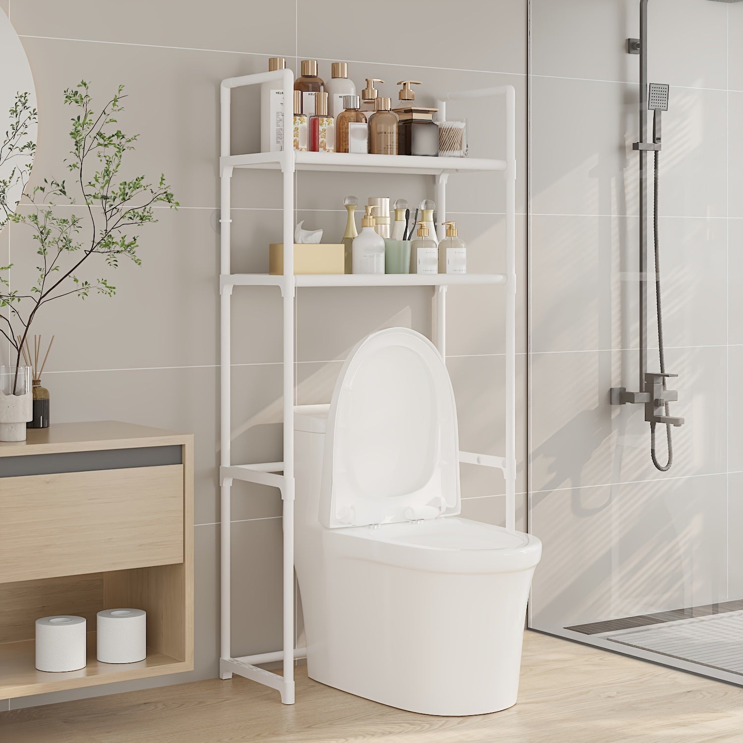 Black Metal Plastic Over-the-Toilet Bathroom Storage Organizer with Adjustable Shelves