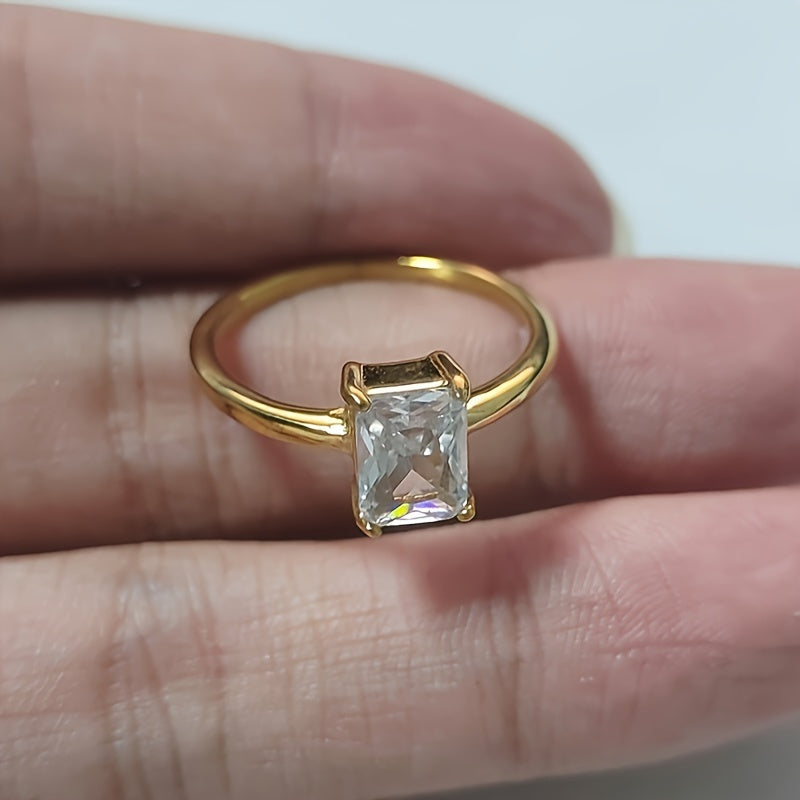 Gold Plated Titanium Steel Ring with Square Cut Zirconia Solitaire