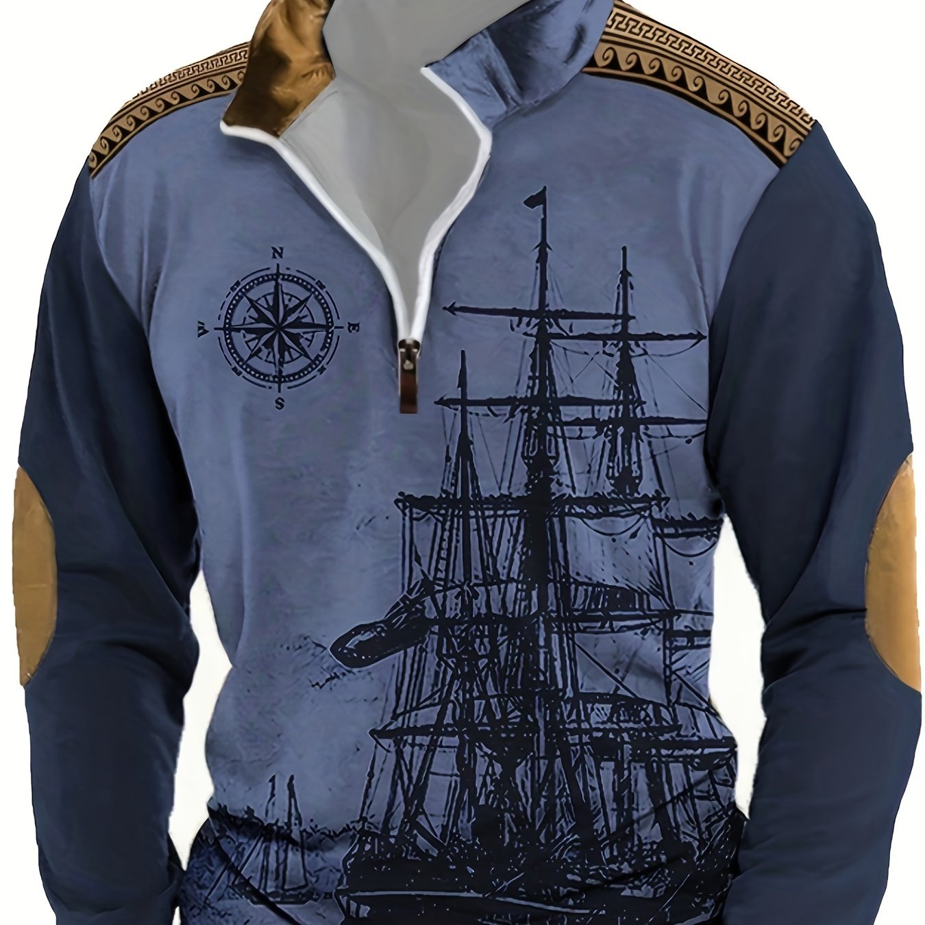 Men's Nautical Ship Print Henley Sweatshirt Polyester Fall Winter Casual Loose Fit