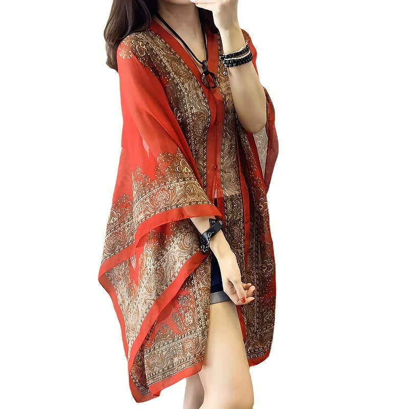 Women's Bohemian Floral Chiffon Shawl Large UV Protection Beach Cover-Up