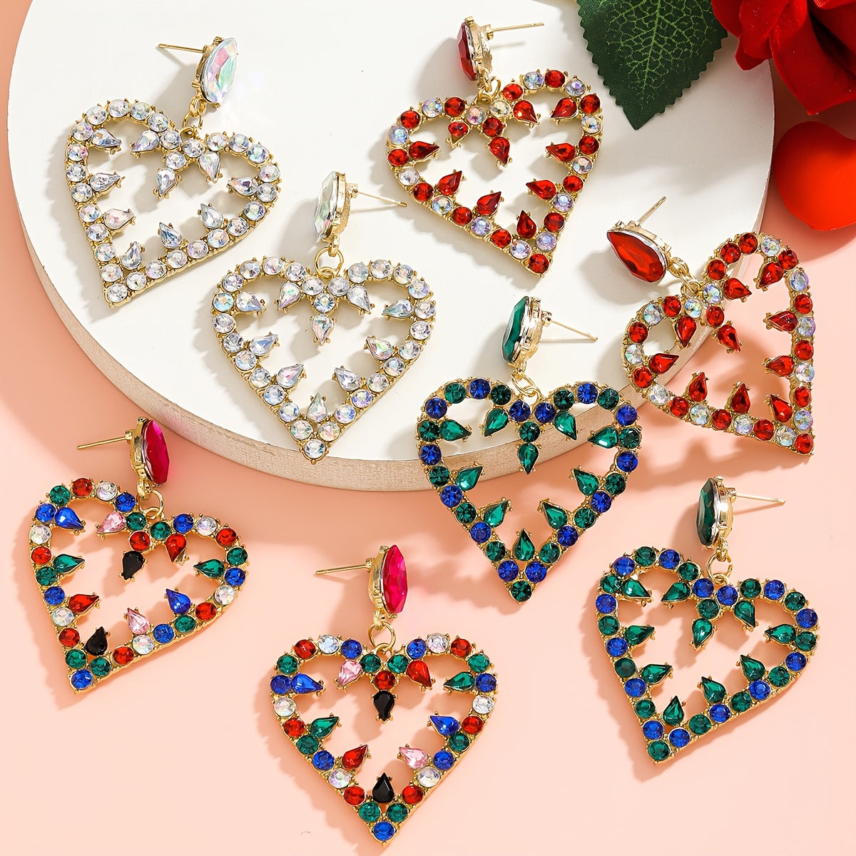 Pink and Red Heart-Shaped Rhinestone Drop Earrings for Valentine's Day Formal Occasion