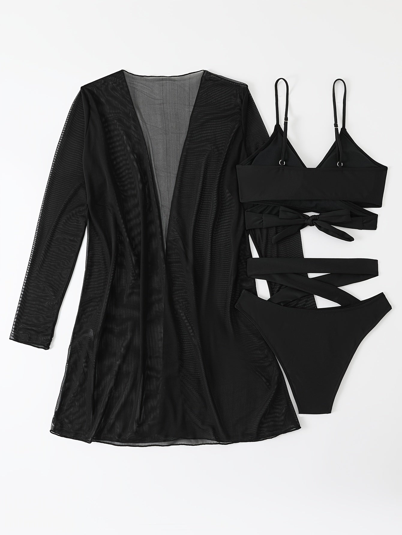 Women's Solid Color High-Waisted Bikini Swimsuit Set with Cover-Up for Sun Protection