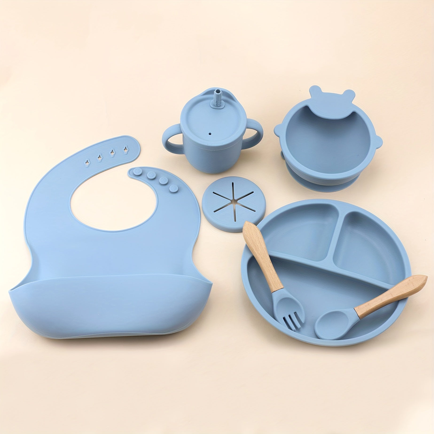 Kids Feeding Set 7 Pieces Silicone Bib Water Cup Teething Plate Suction Bowl Wooden Spoon Fork Red