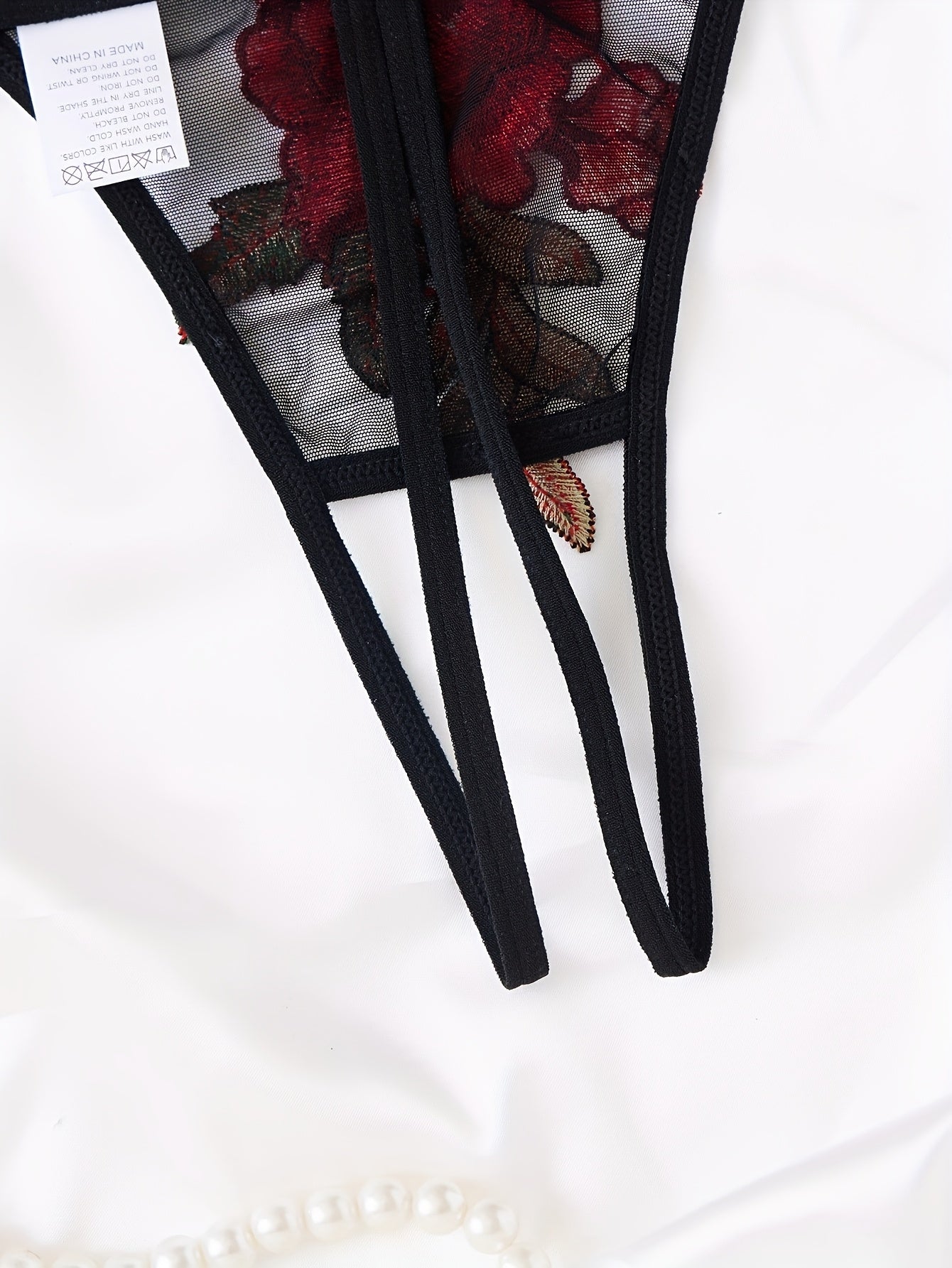 Women's Floral Lingerie Set with Black Bra and Red Pink Flower Thong