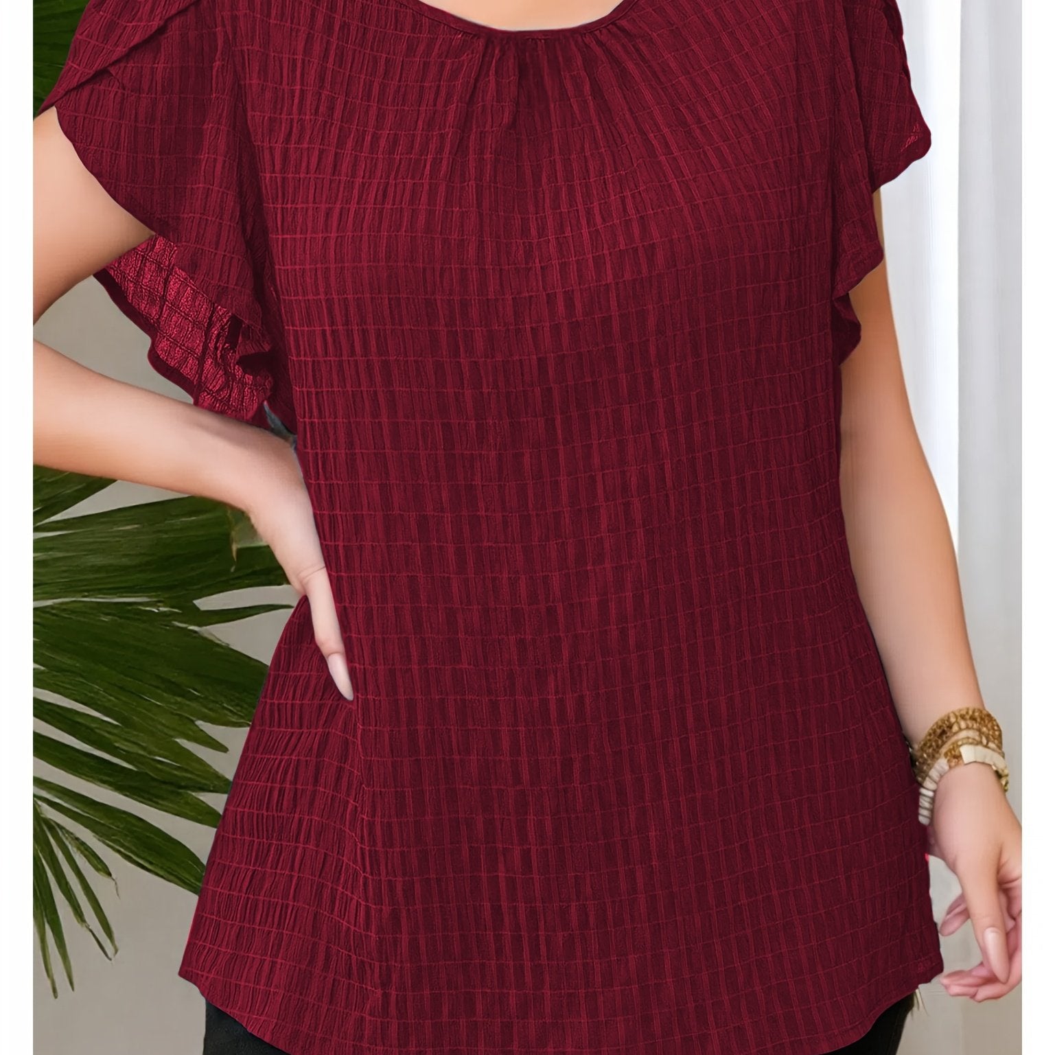 Women's Plus Size Floral Petal Sleeve Blouse Royal Blue Short Sleeve Top