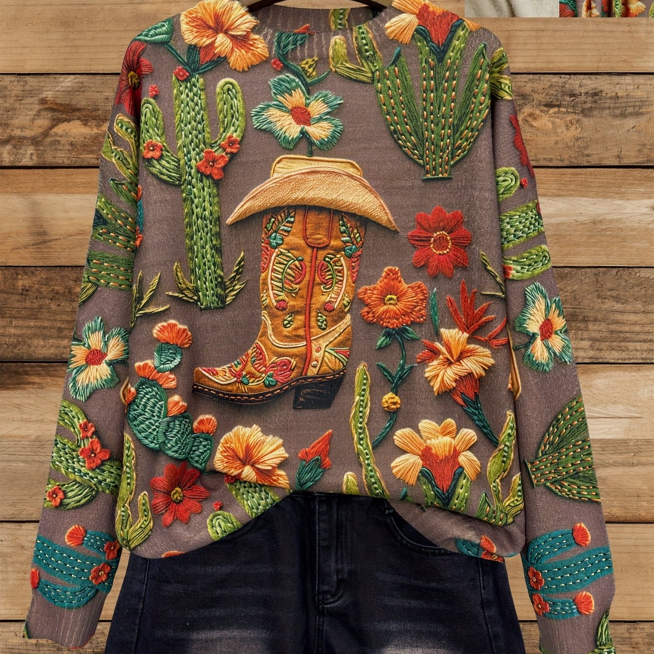 Plus Size Women's Western Cowboy Knit Sweater Cactus Floral Print