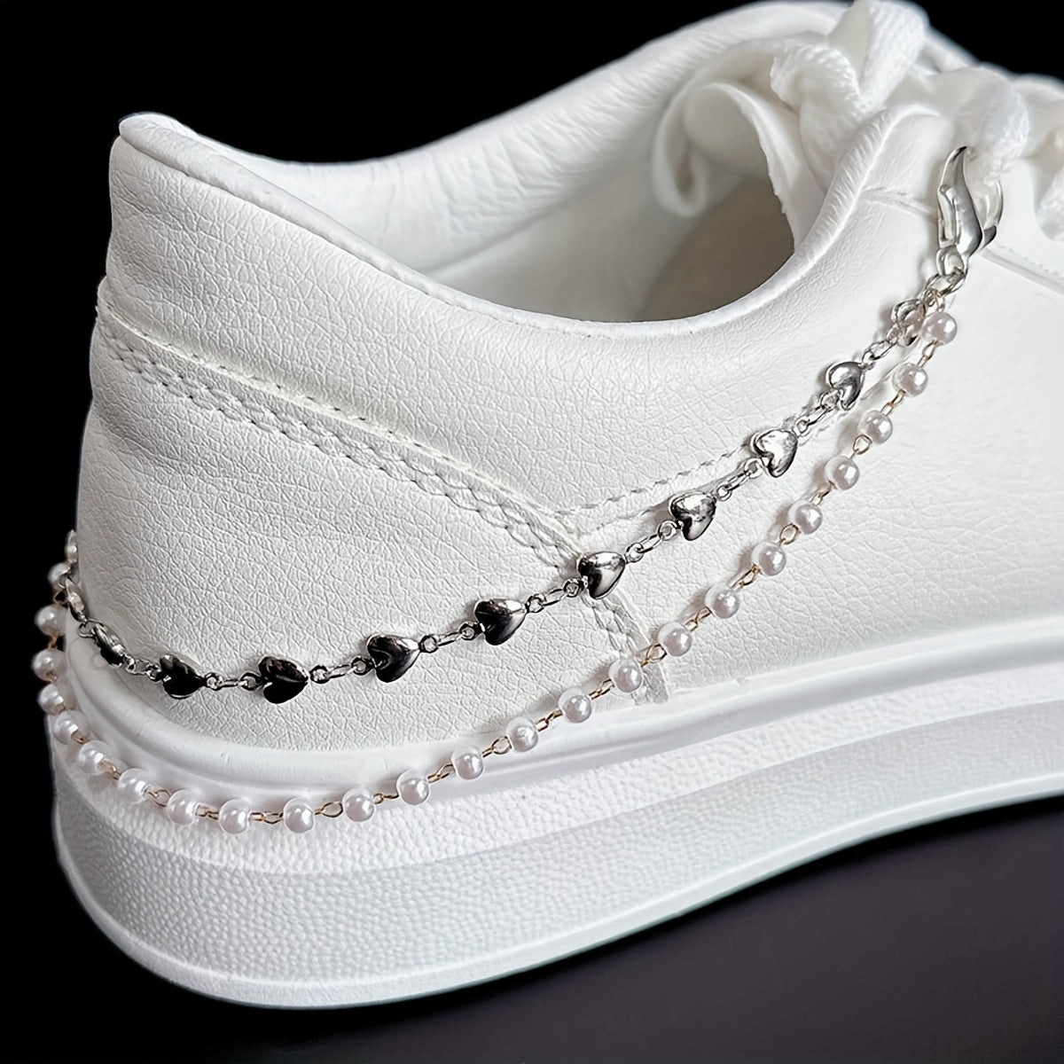 Women's Faux Pearl Shoe Chain with Star & Heart Charms for Sneakers Boots