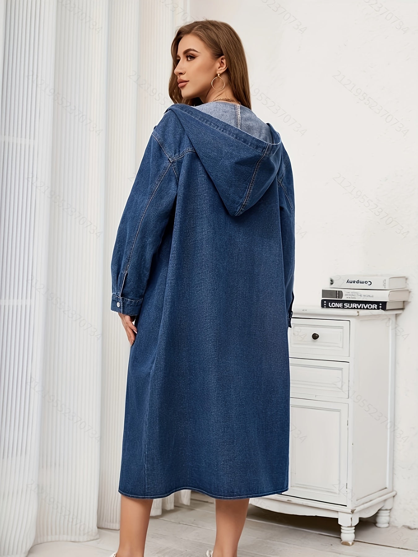 Women's Long Hooded Denim Jacket Casual Woven Spring Fall Outerwear