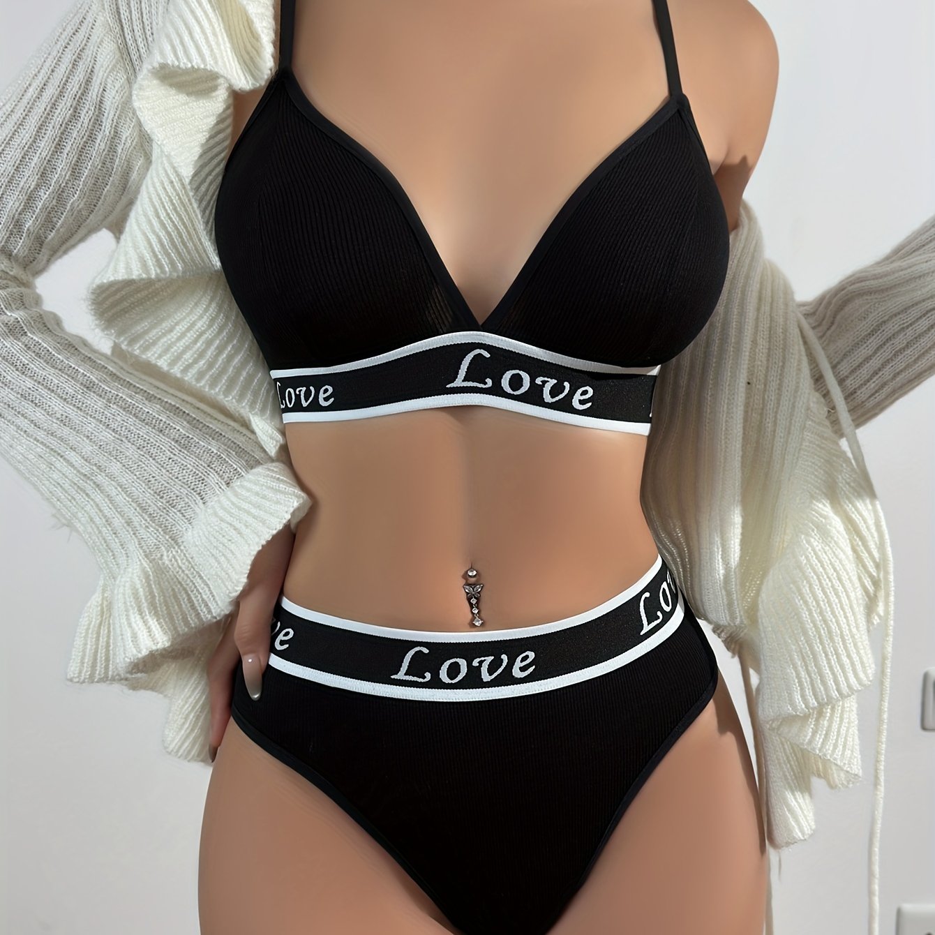 Women's Viscose Lingerie Set with Solid Color Knit Fabric and Letter Print