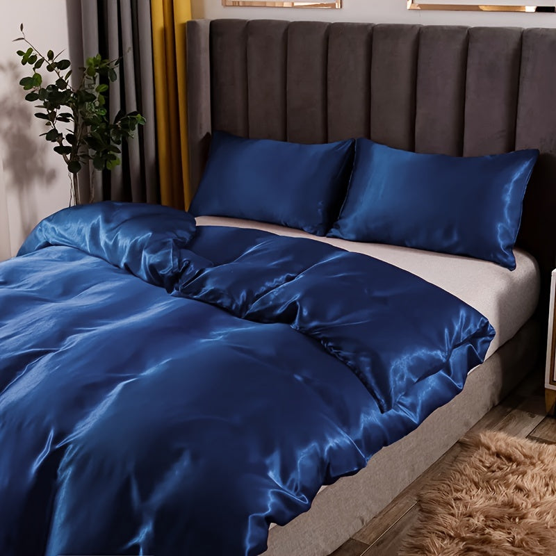 Satin Duvet Cover Set with Pillow Covers Solid Color Soft Comfortable Bedding for Bedroom Guestroom Hotel Dormitory
