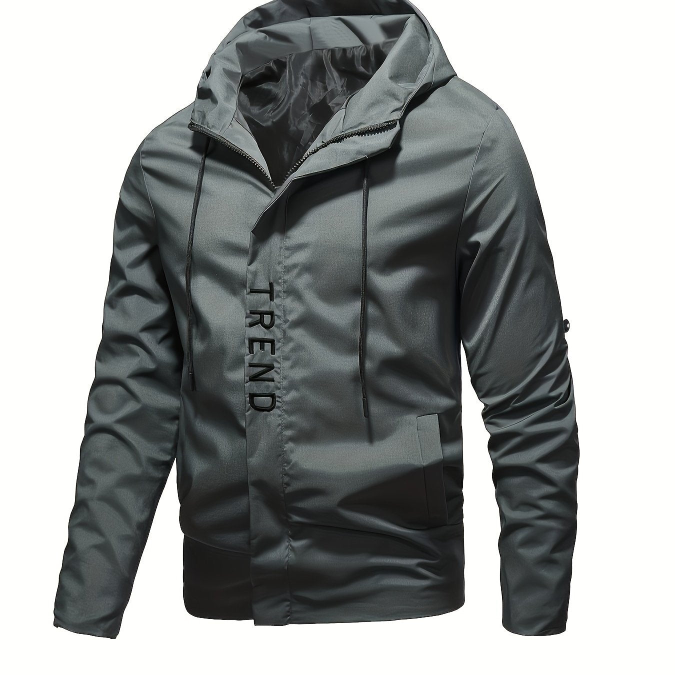 Men's All-Season Hooded Polyester Sports Jacket with Embroidered Details