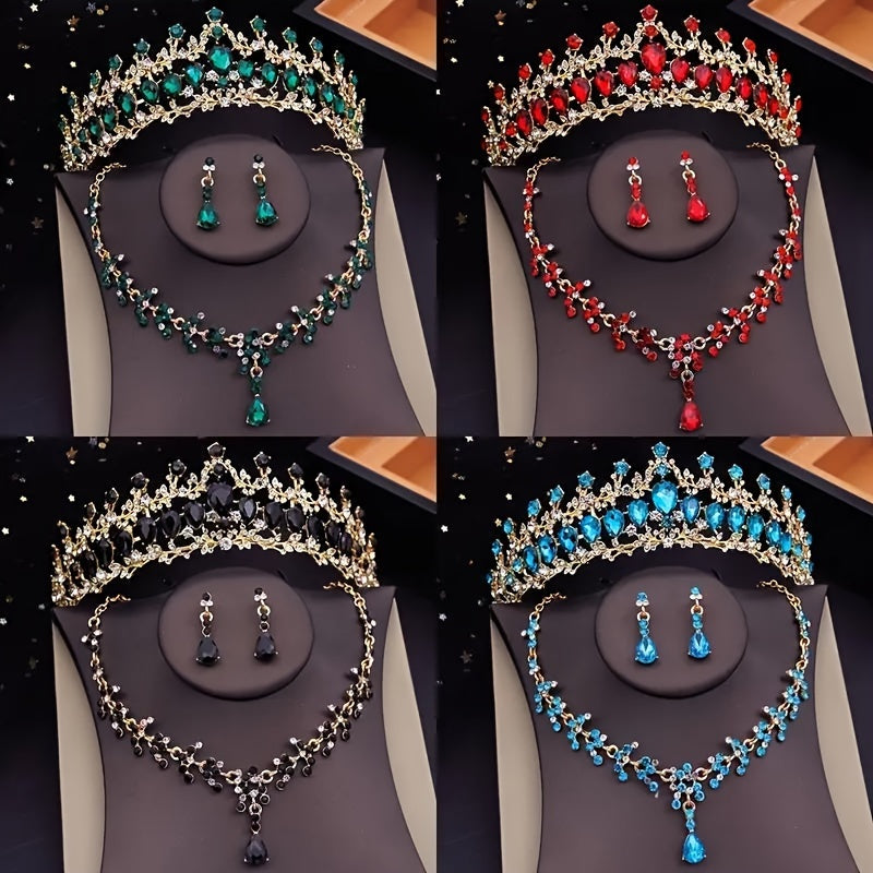 Set of 3 Bridal Rhinestone Crown Jewelry Tiara Necklace Earrings Wedding Accessories