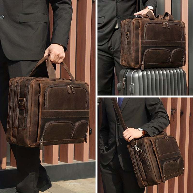 Men's Vintage Full Grain Leather Messenger Bag with Multiple Compartments Dark Brown Water-Resistant Lightweight Office Travel