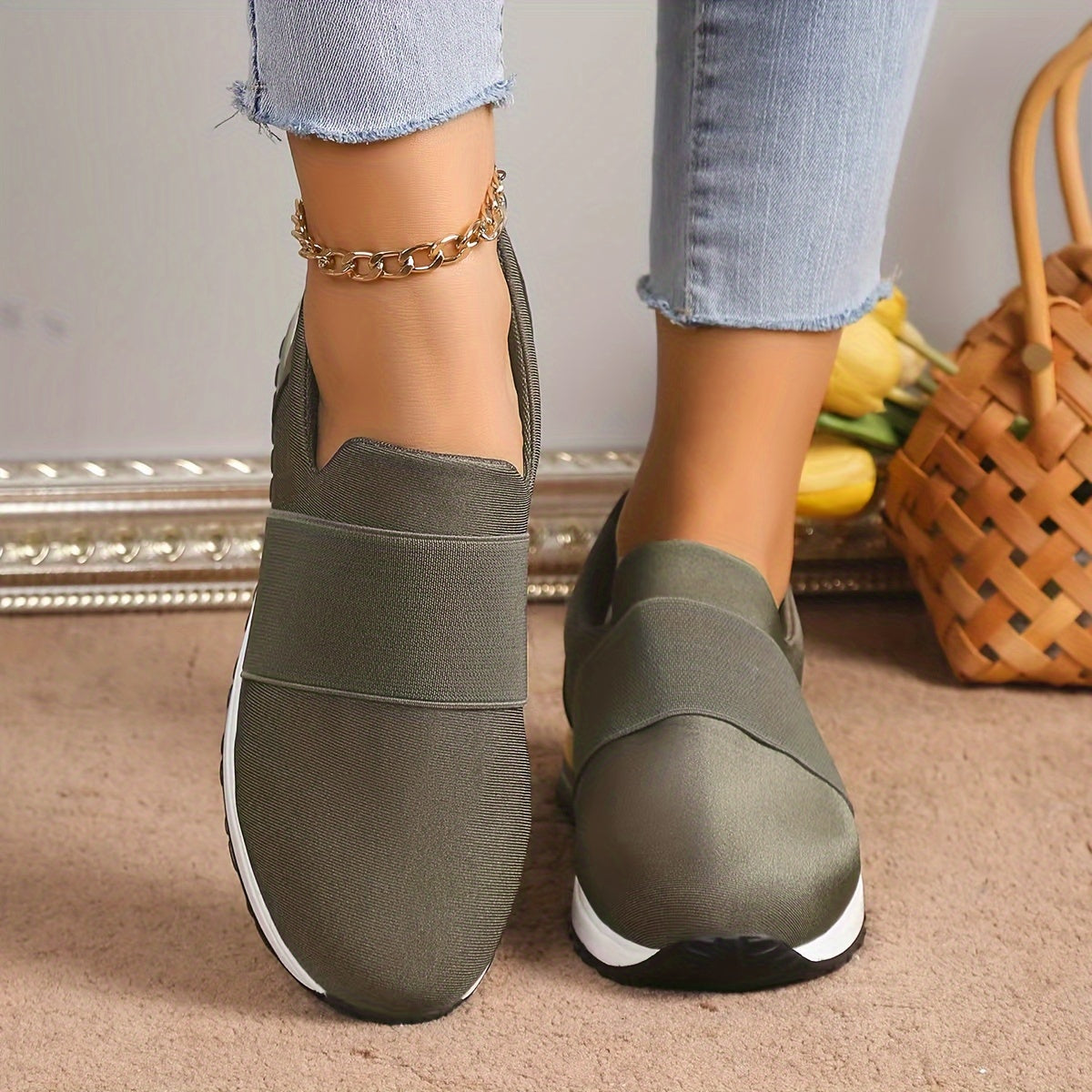 Women's Canvas Slip-On Sneakers with Mesh Lining Non-Slip Sole All-Season