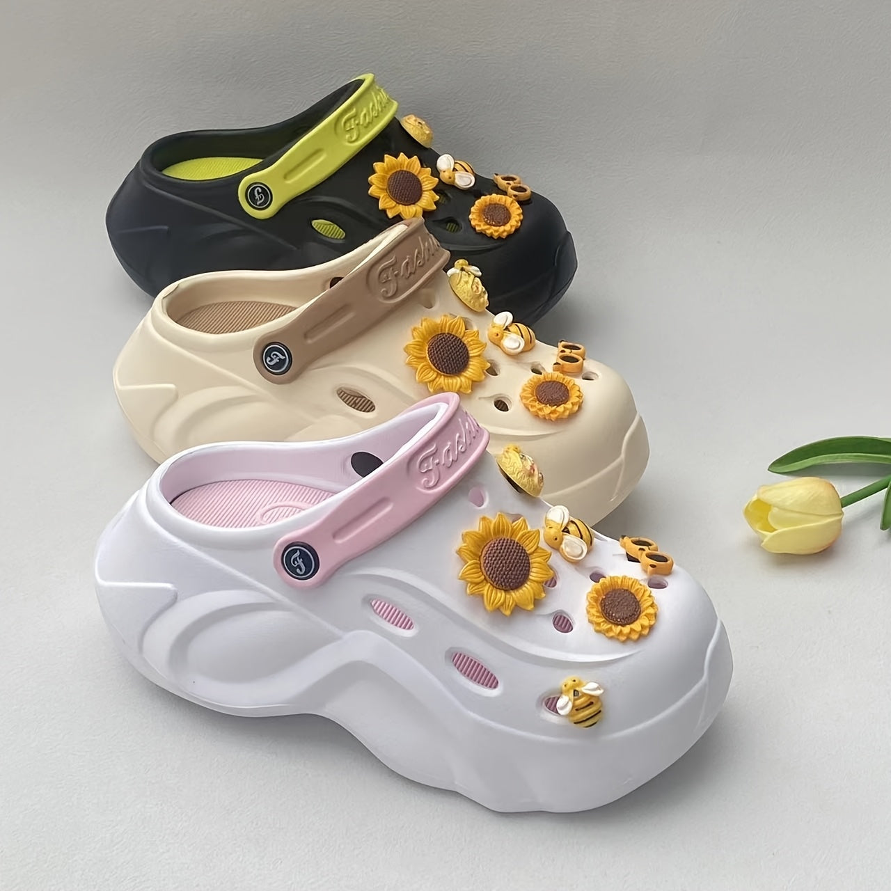 Women's EVA Hole Shoes with Pink Bunny Heel Sunflower Accessories