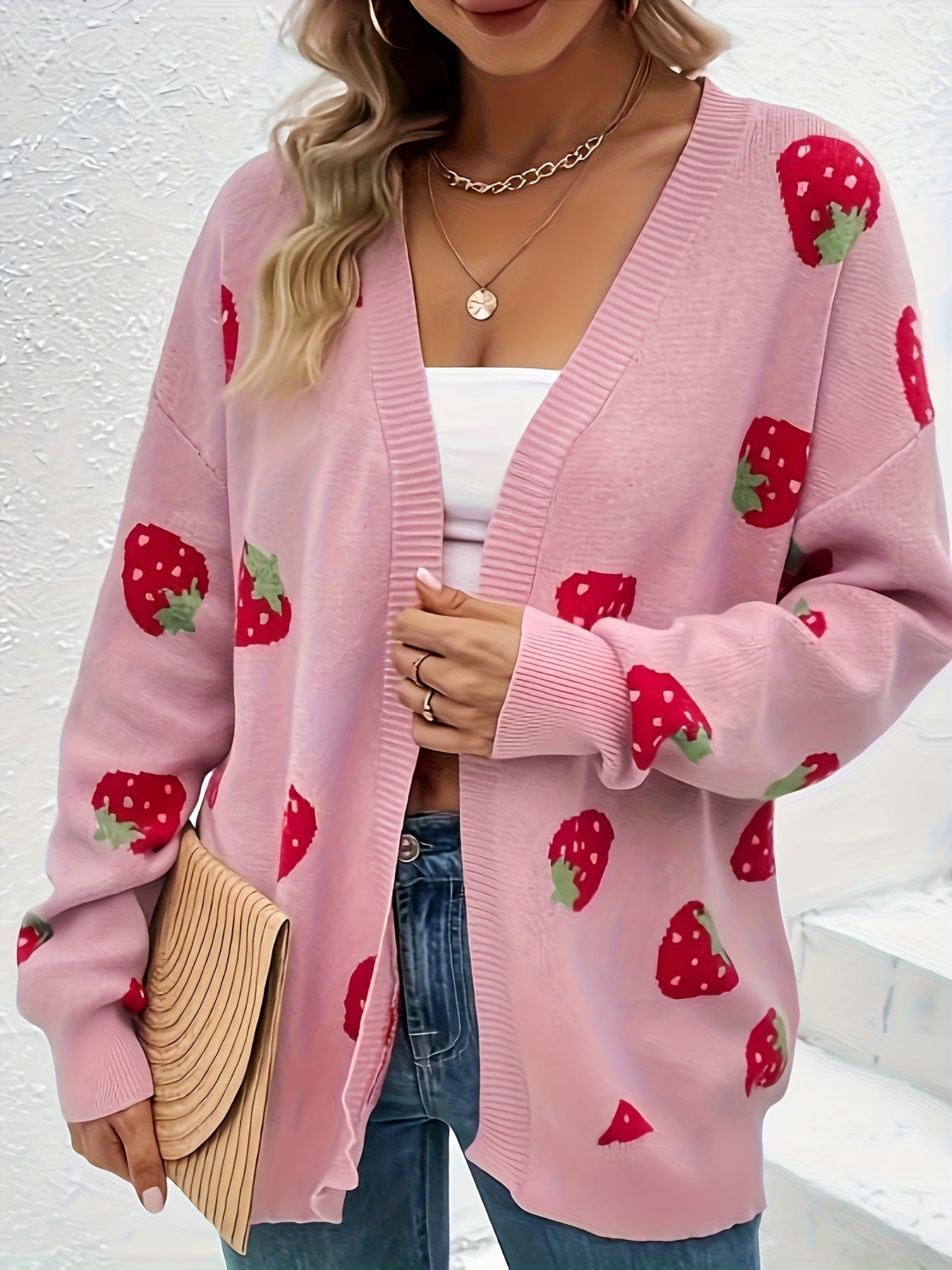 Women’s Long Sleeve Cardigan with Strawberry Prints Oversized Sweater