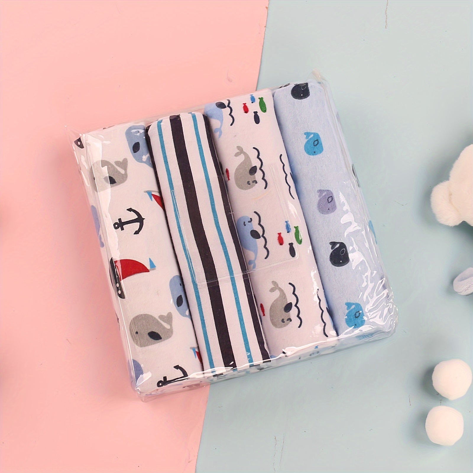 Set of 4 Cotton Baby Blankets with Cartoon Prints for Newborns and Infants