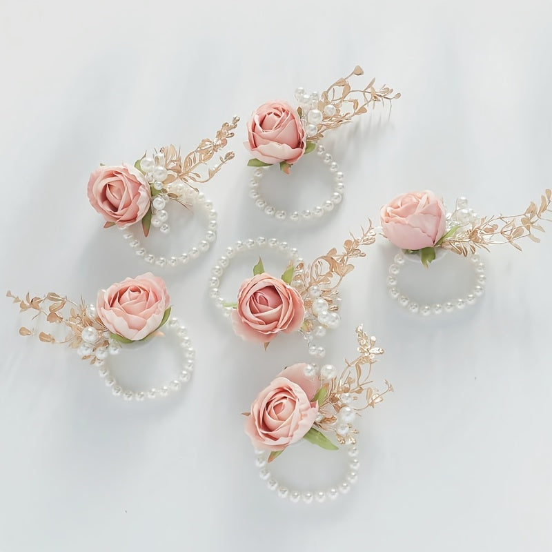 Set of 6 Pink Rose Wrist Corsages with Golden Leaves Beads for Weddings Proms Parties